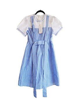 Girls Blue & White Gingham Dress Puff Sleeves Back Zipper & Tie Waist - Size M